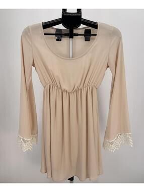 Vintage Beige Empire Waist Dress Long Sleeve Lace Trim Small